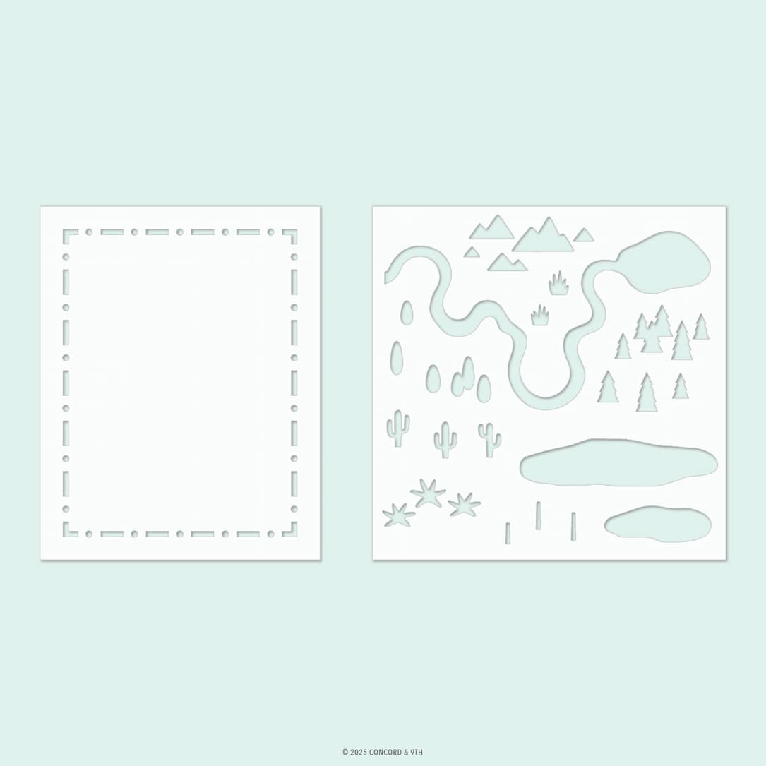 **NEW* - Concord & 9th - Adventure Awaits Stencil Pack (2 qty; 6 x 6)