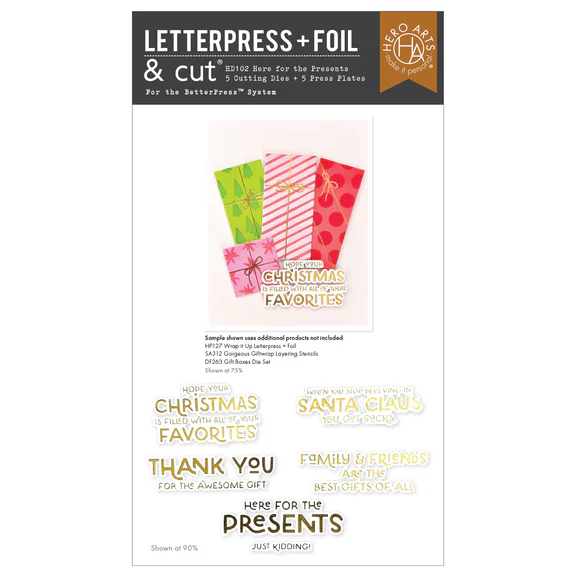 **NEW* - Spellbinders - Hero Arts Here for the Presents Letterpress + Foil & Cut from the Best Gift Ever Collection