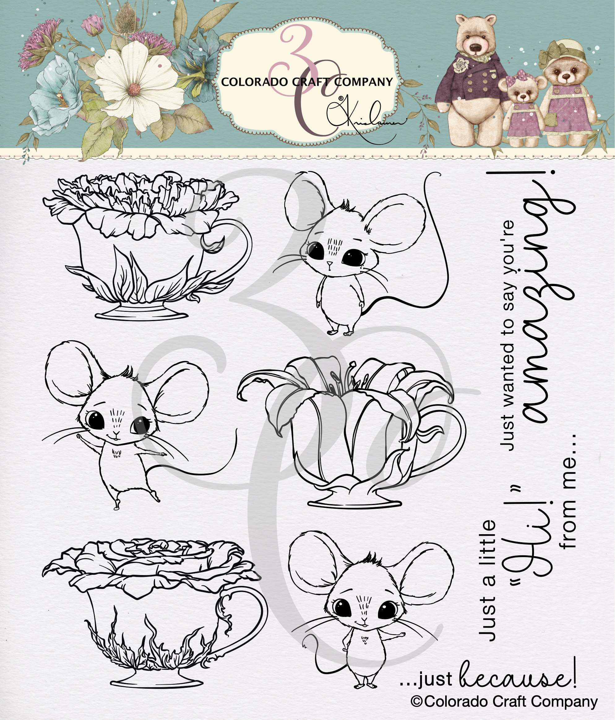 Colorado Craft Company - Kris Lauren~Teacups & Mice 6 X 6 Clear Stamp
