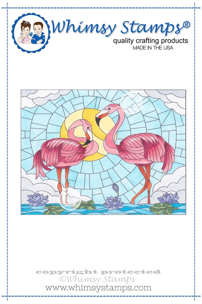 Whimsy Stamps - Stained Glass Flamingos Rubber Cling Stamp